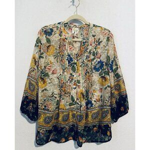 Anthropologie Fig Flower Top Womens Medium Floral Paisley Sheer Pintuck Pleat